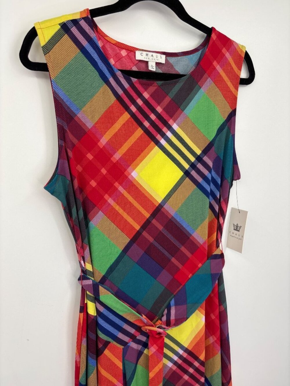 Chaus Stretch Plaid Asymmetrical Belted Midi Sleeveless Dress Red Size Large NEW - Picture 3 of 8